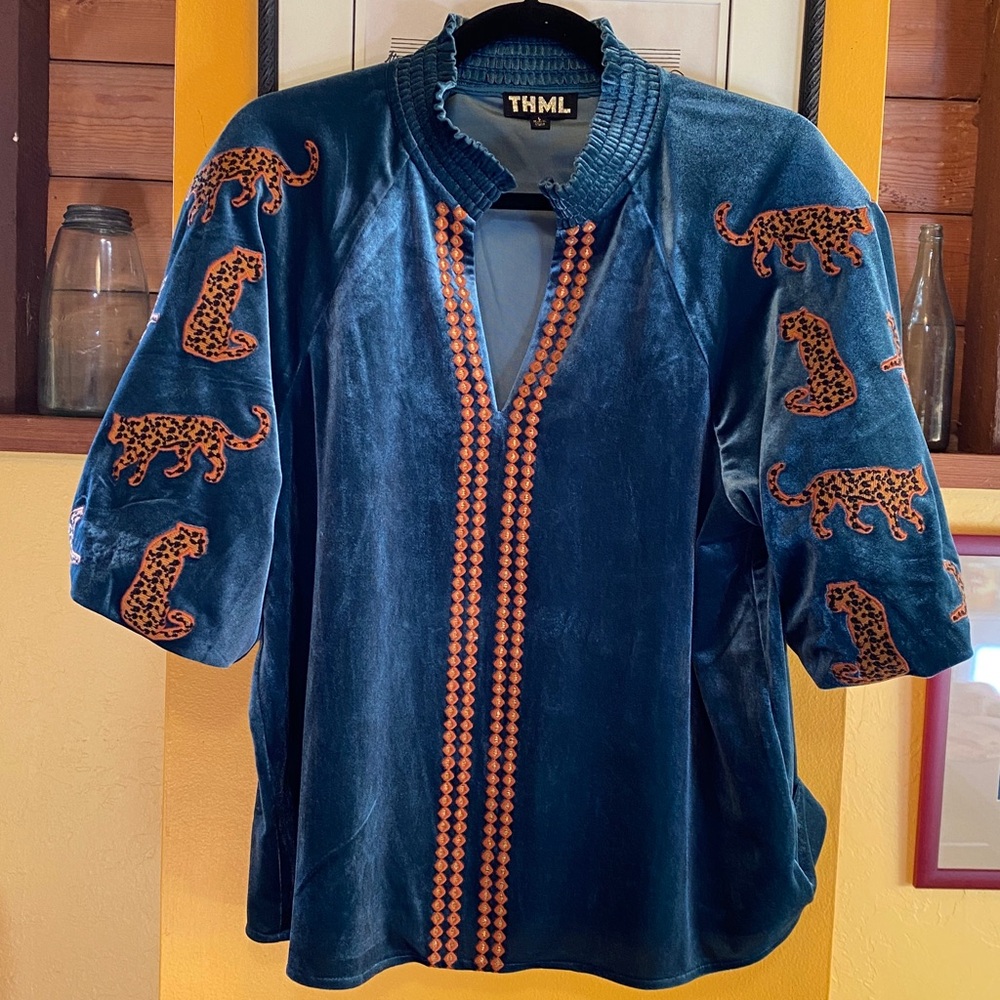 THML Blue Velvet Blouse with Orange Leopard Embroidery